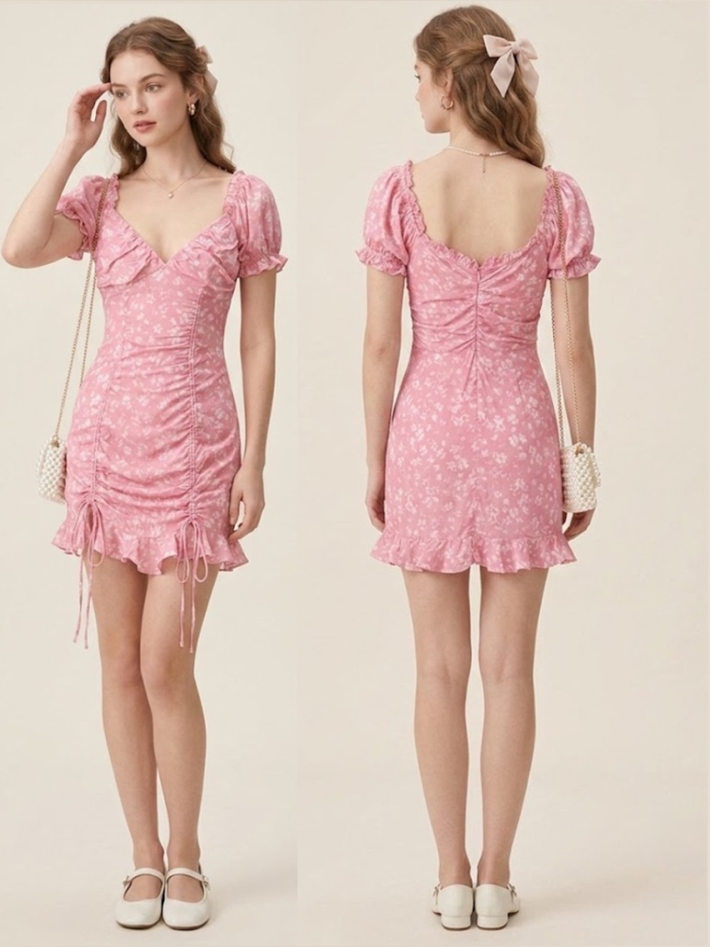Sky to Moon Pink White Ditsy Floral Mini Cinched Dress Bodycon Retro Coquette M